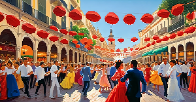 A lively street scene in Seville showcasing the Feria de Abril with people in colorful flamenco attire and vibrant decorations.