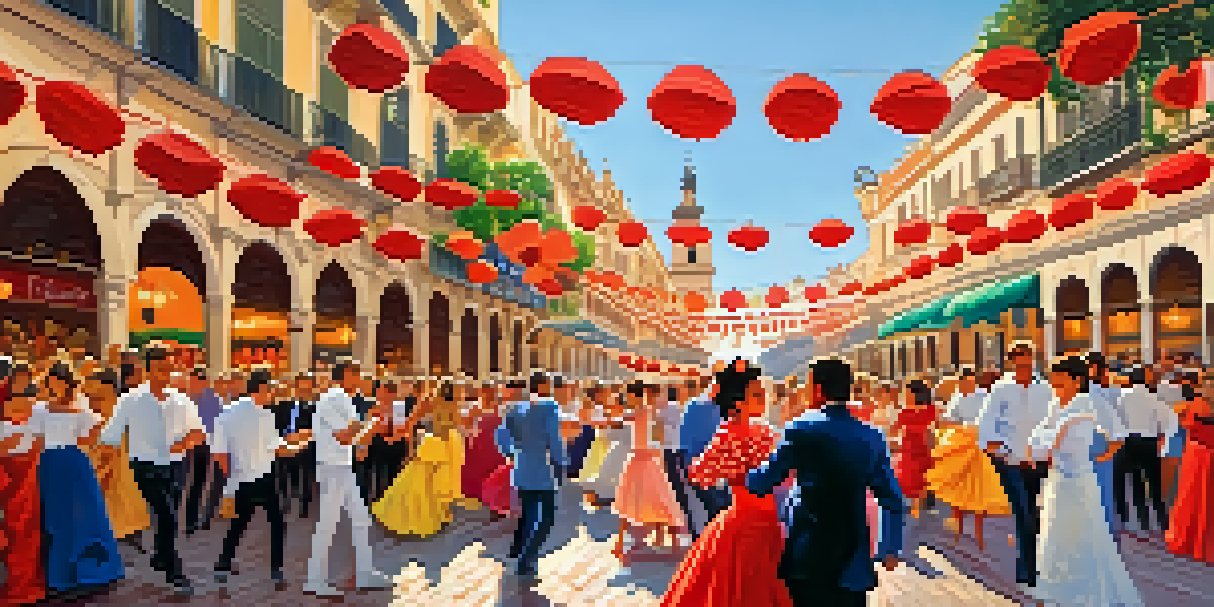 A lively street scene in Seville showcasing the Feria de Abril with people in colorful flamenco attire and vibrant decorations.