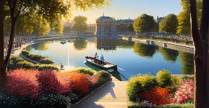 A tranquil scene in Retiro Park featuring the Crystal Palace and flower beds, with people enjoying the park at sunset.