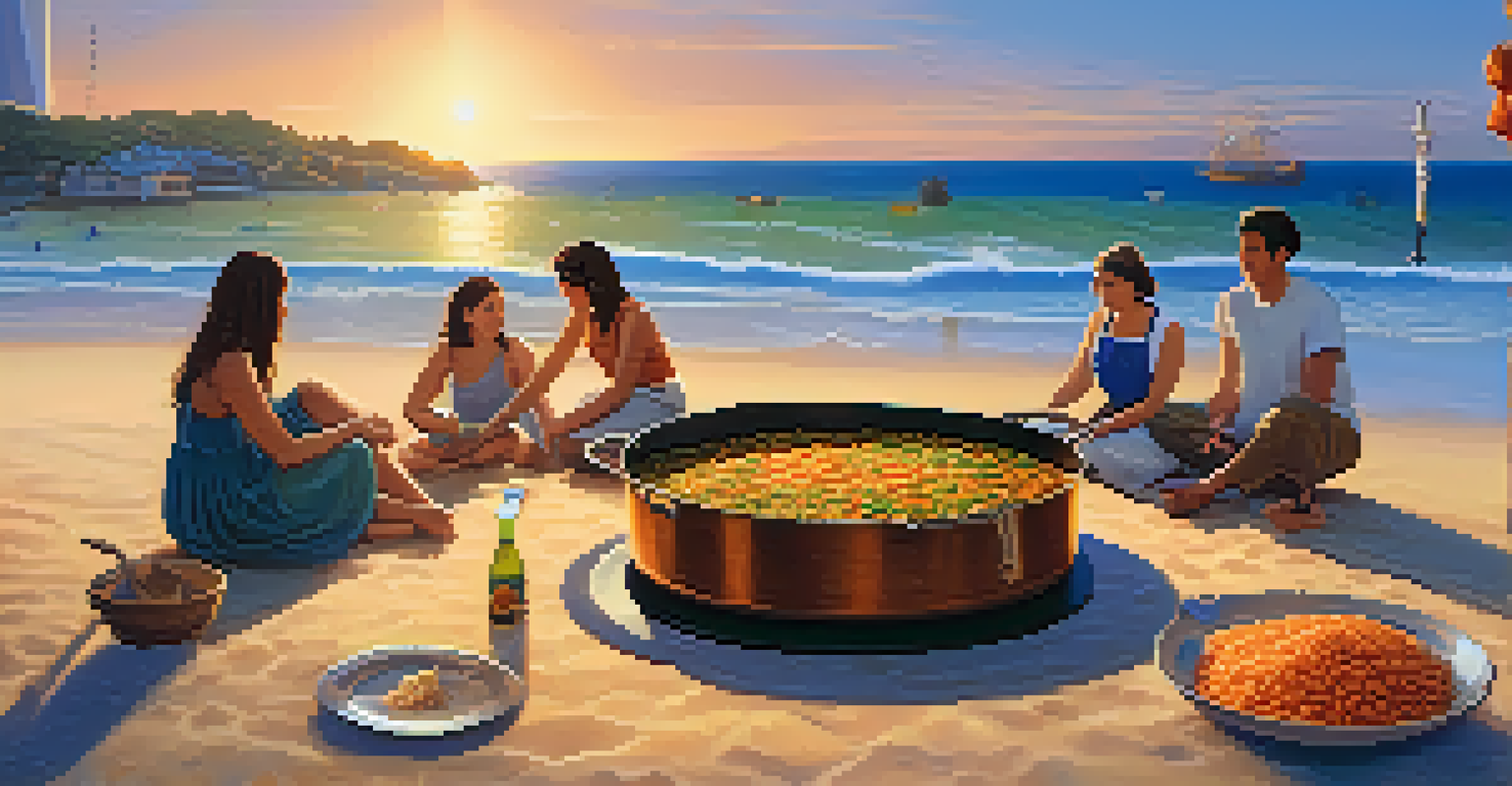 Participants gather for a beachside cooking class, stirring a large paella pan with a beautiful ocean backdrop at sunset.