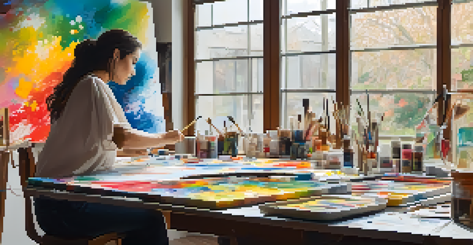 A modern artist working in a bright studio, surrounded by colorful abstract paintings and art supplies, creating inspired by Spanish Modernism.