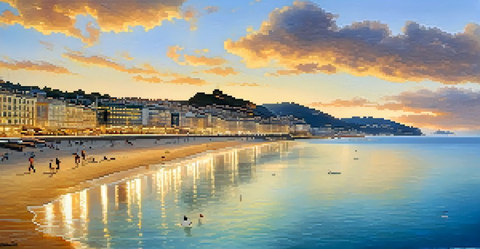 A scenic beach view at sunset with golden reflections on the water and people enjoying the atmosphere near cafes and shops.