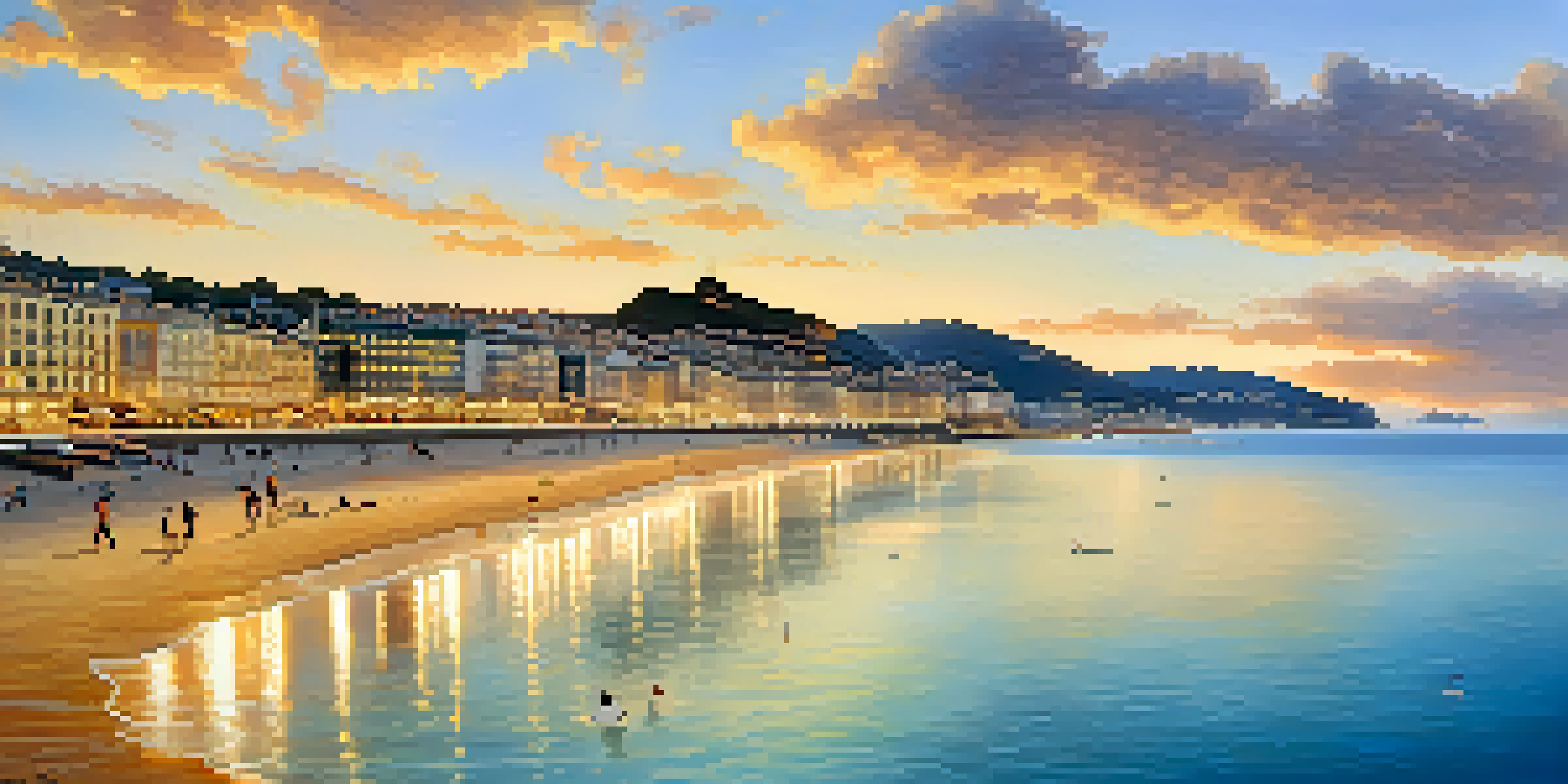 A scenic beach view at sunset with golden reflections on the water and people enjoying the atmosphere near cafes and shops.