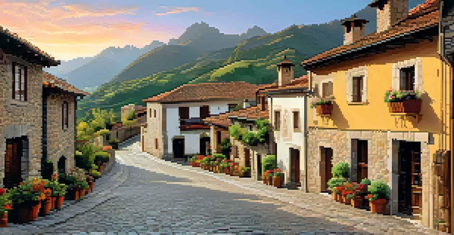 A picturesque traditional village in Picos de Europa with stone houses, cobblestone streets, and majestic mountains in the background.