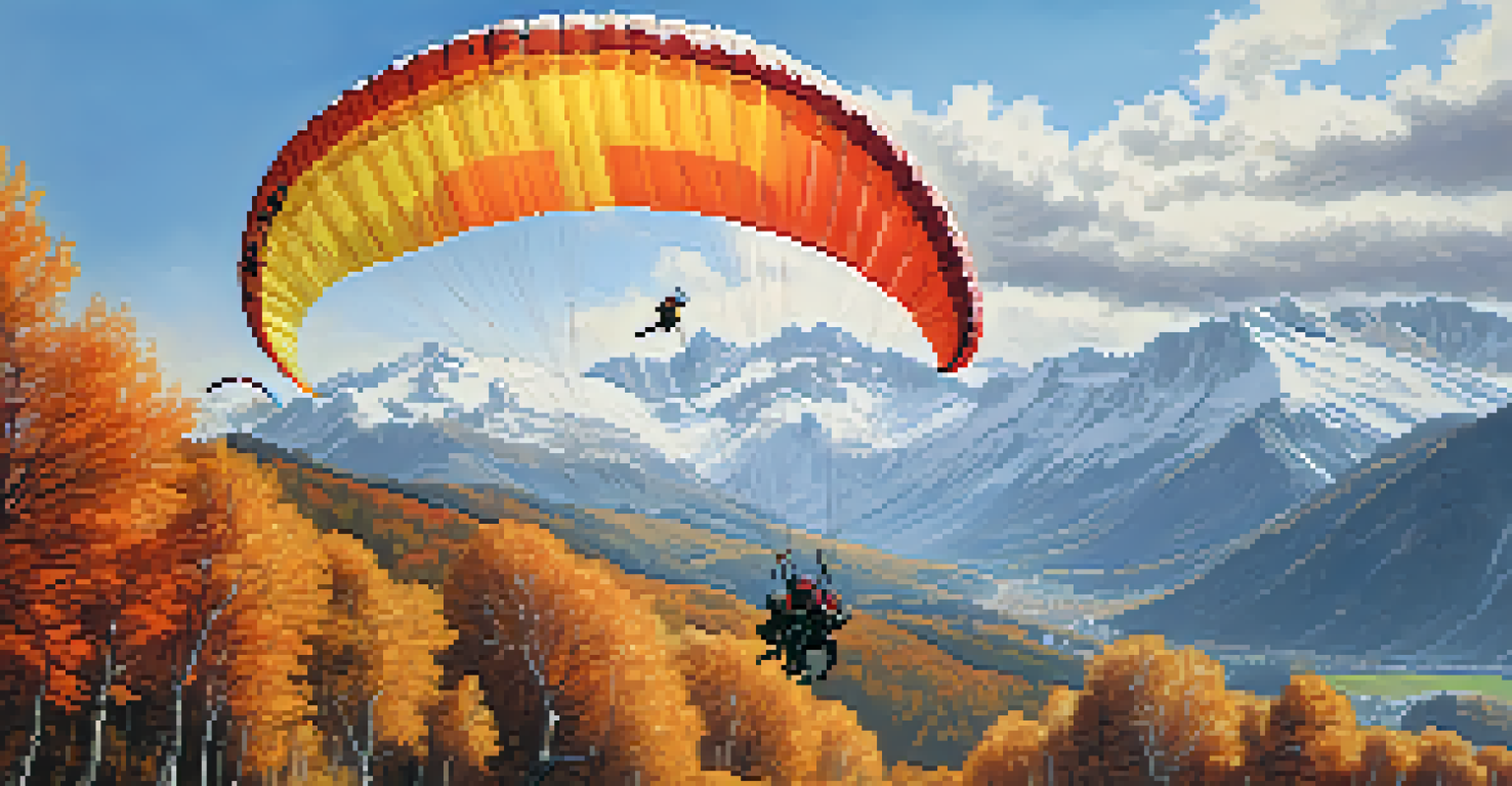A group of paragliders launching from a mountain in the Pyrenees, surrounded by autumn colors and snow-capped peaks.