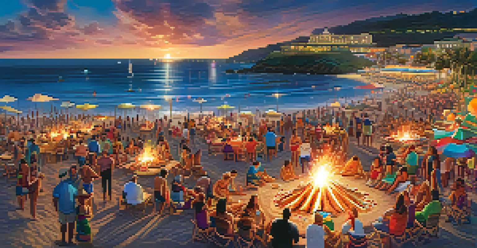 An aerial view of a beach during the San Juan Festival, with bonfires, people celebrating, and colorful fireworks in the sky.