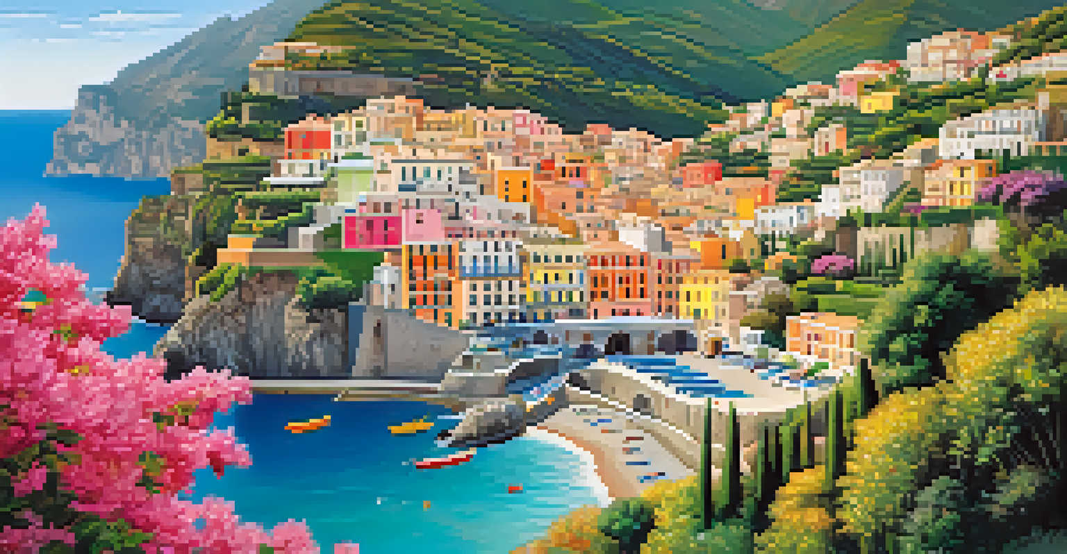 An aerial view of the vibrant Amalfi Coast with colorful villages and the blue Mediterranean Sea.