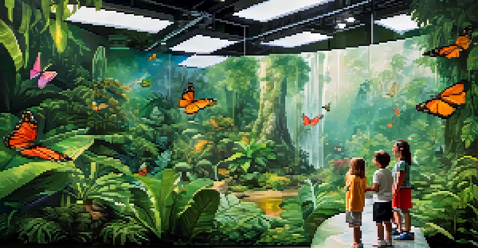 Children exploring the rainforest exhibit at the CosmoCaixa Science Museum, surrounded by lush plants and butterflies.