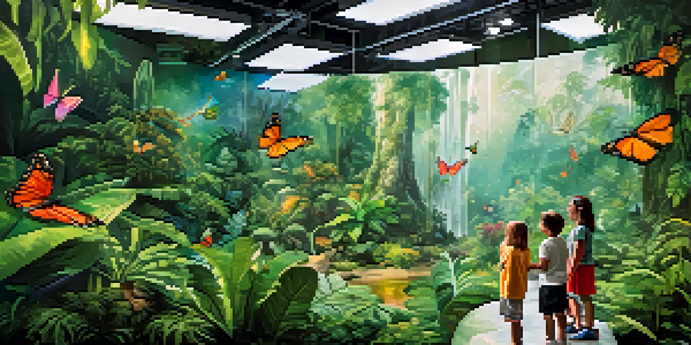 Children exploring the rainforest exhibit at the CosmoCaixa Science Museum, surrounded by lush plants and butterflies.