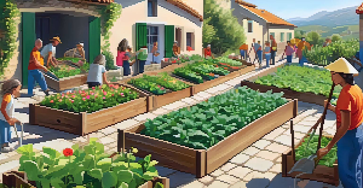 Volunteers and local residents planting vegetables in a community garden in a picturesque Spanish village, surrounded by blooming flowers and lush greenery.