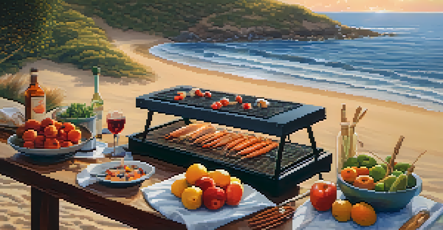 An outdoor cooking setup on a beach at sunset, featuring fresh ingredients and a person grilling seafood with the ocean waves in the background.