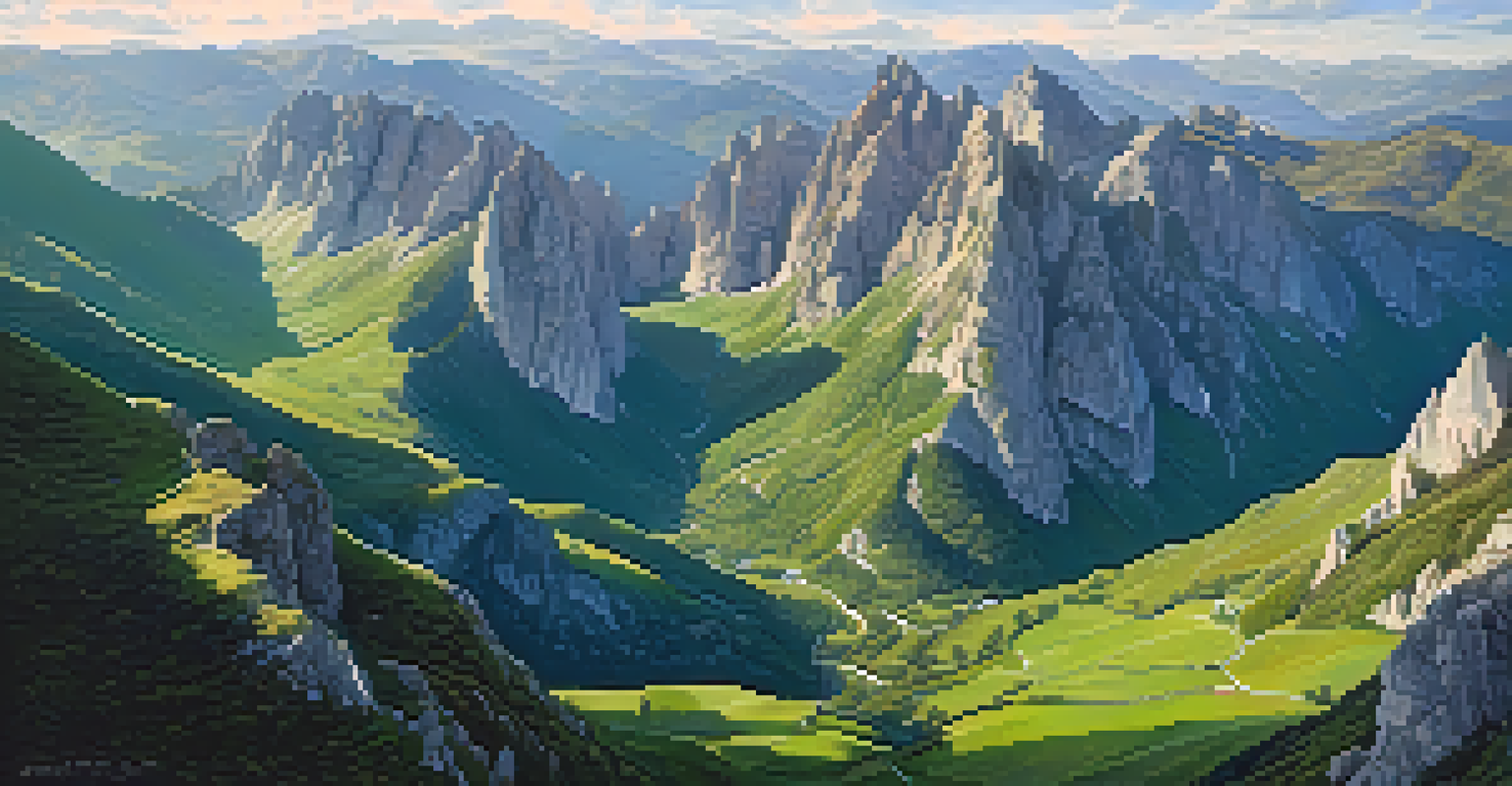 Aerial view of Picos de Europa National Park with mountains, valleys, and grazing bears in morning light.