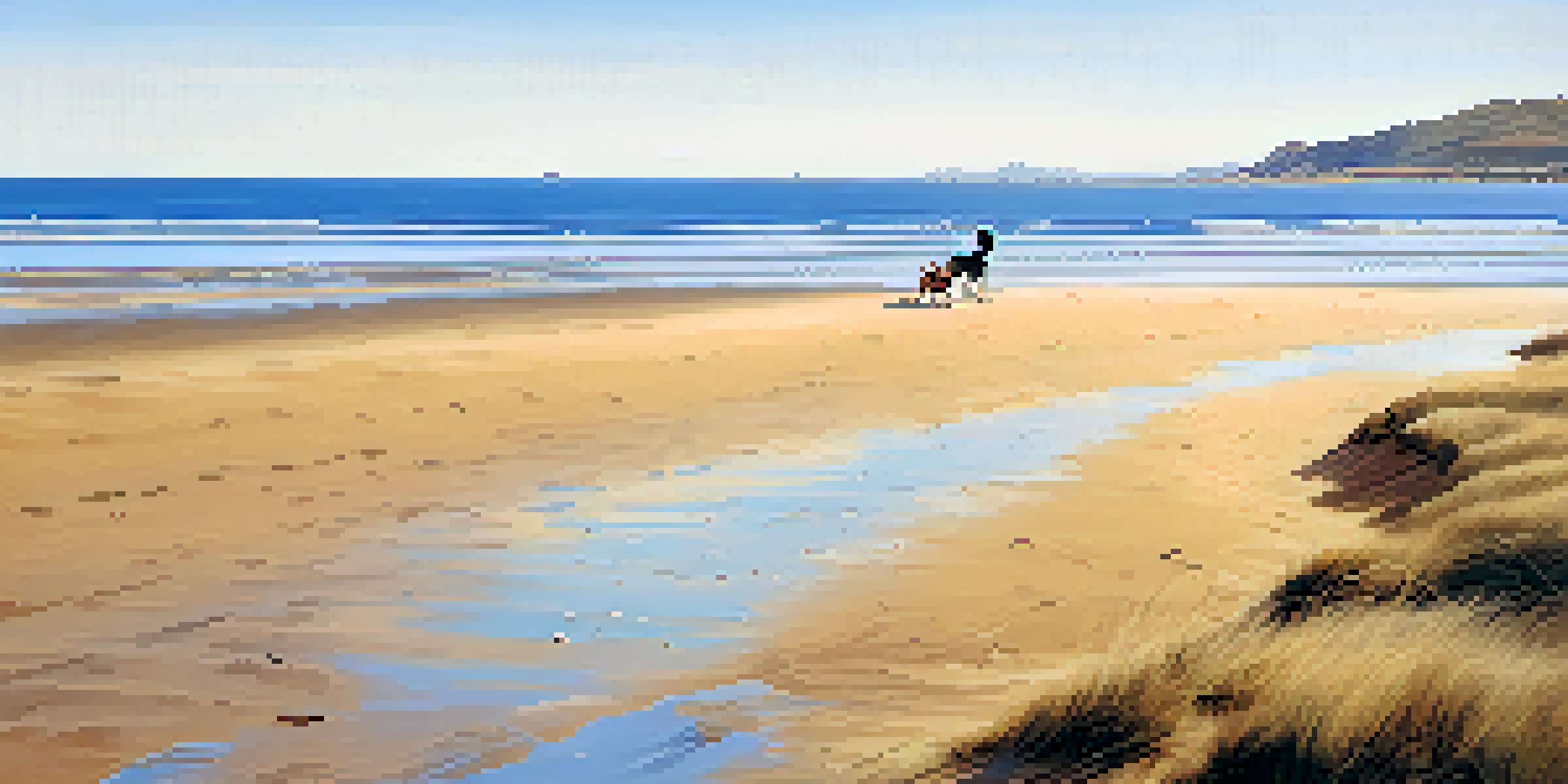 A golden sand beach with a dog running along the shore, gentle waves, and pet owners in the background.