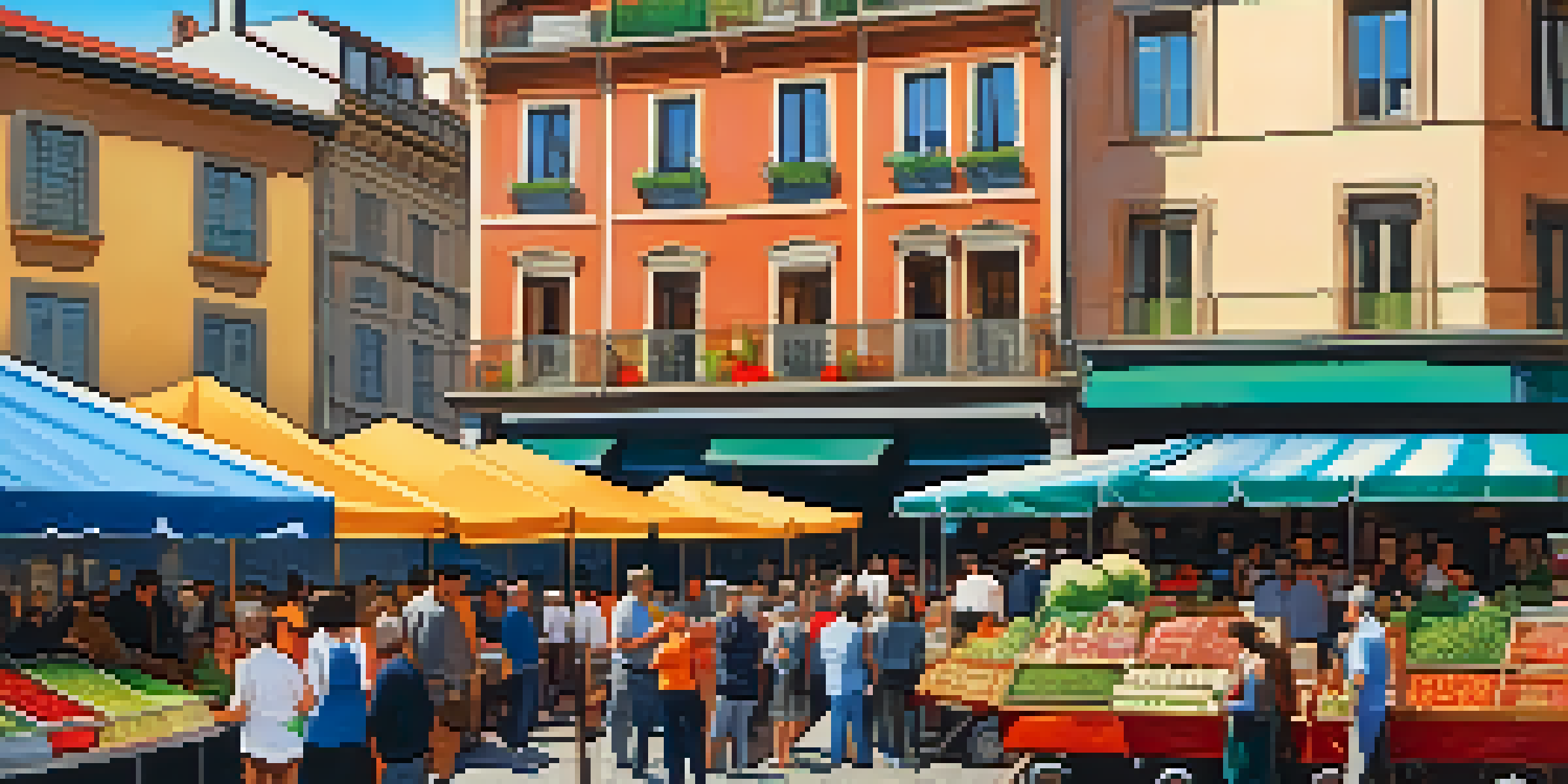 A lively street market in Bilbao with colorful food stalls, locals sampling fresh produce and street food under a clear blue sky.