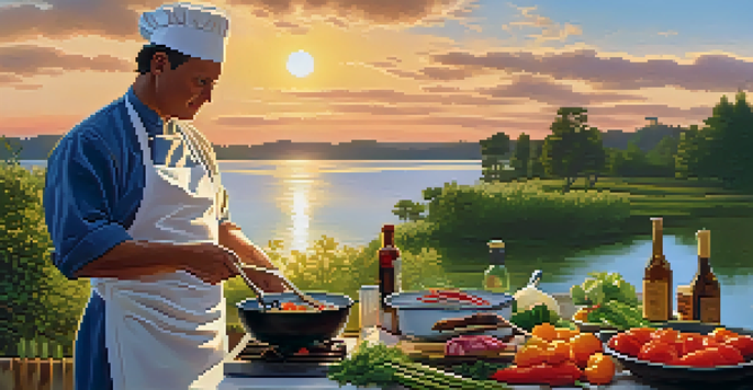A peaceful lakeside cooking scene with a chef chopping fresh vegetables at sunset, surrounded by nature.