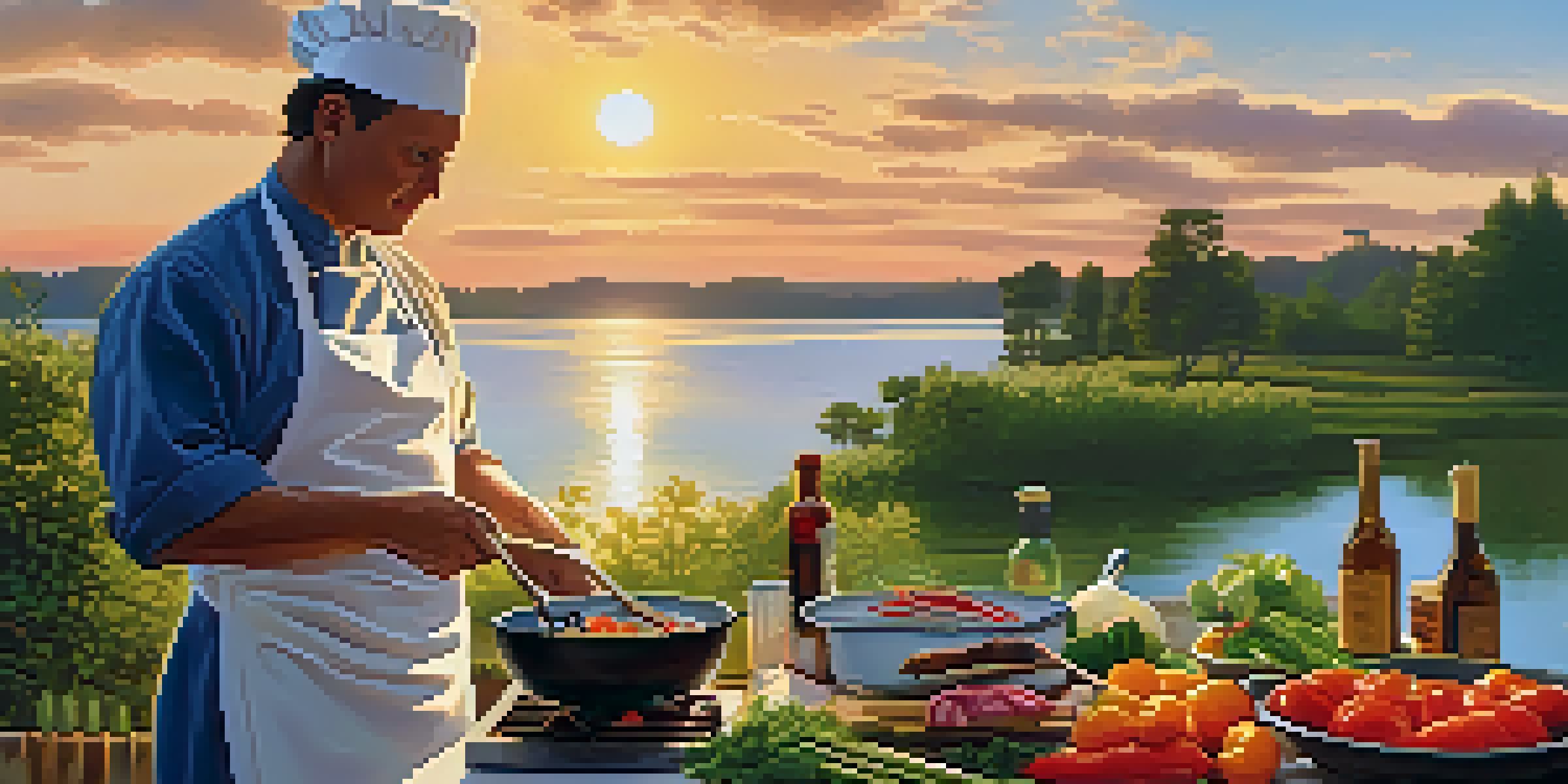 A peaceful lakeside cooking scene with a chef chopping fresh vegetables at sunset, surrounded by nature.