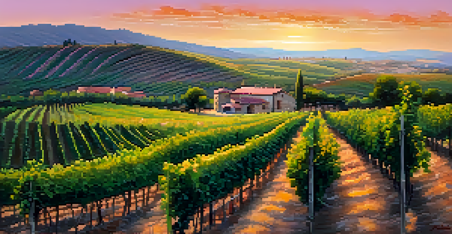 A vibrant vineyard in La Rioja during sunset, featuring rows of grapevines and a rustic winery with a colorful sky.