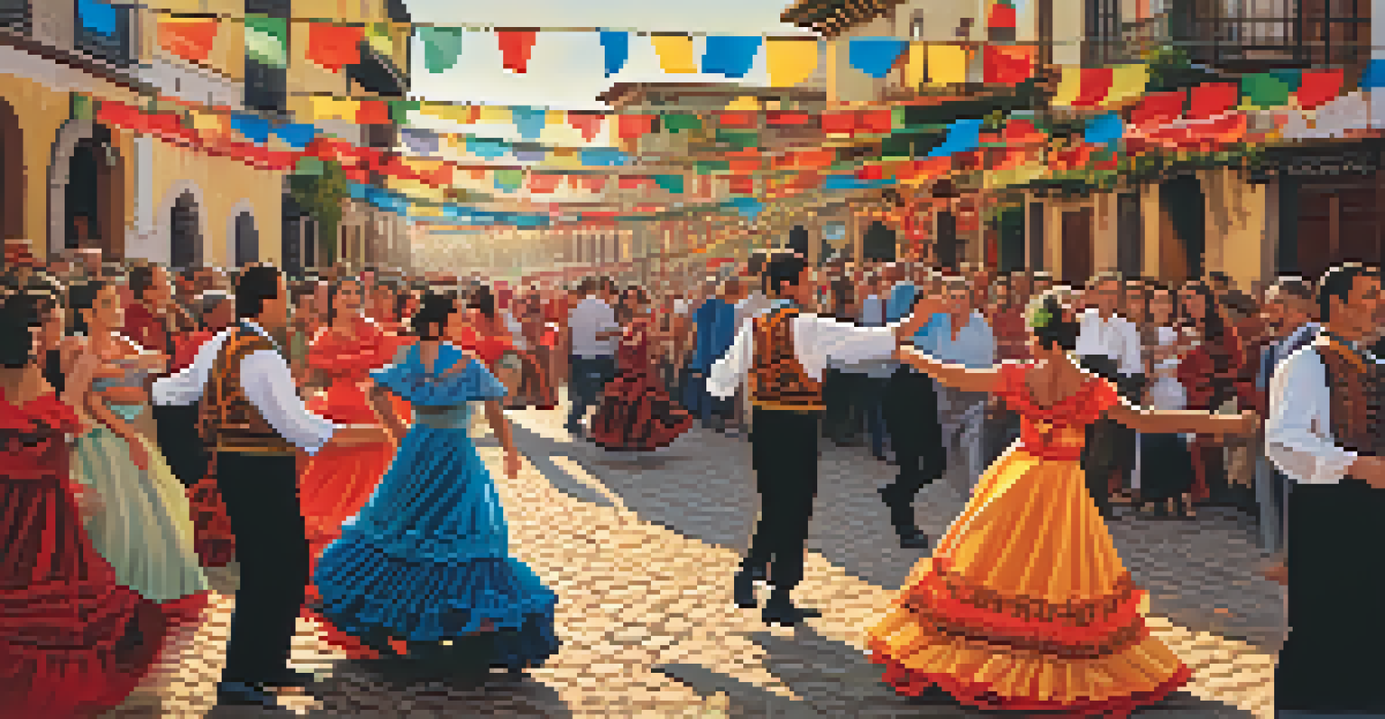 A vibrant scene of a Spanish festival with people in traditional costumes dancing flamenco under colorful lights and decorations.