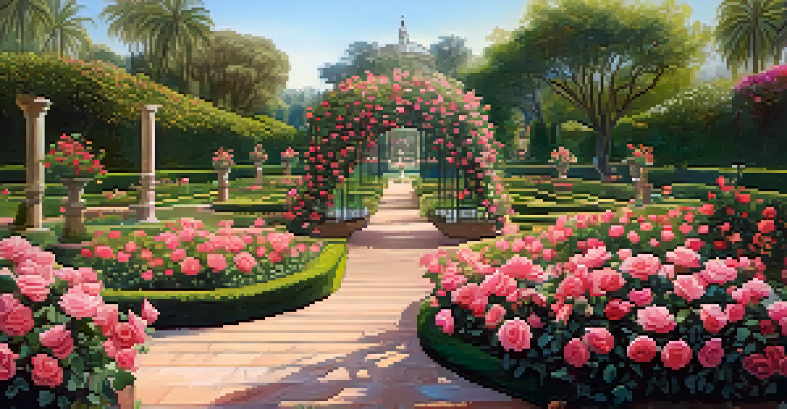 A colorful display of blooming roses in the Rose Garden, with winding paths and lush greenery.