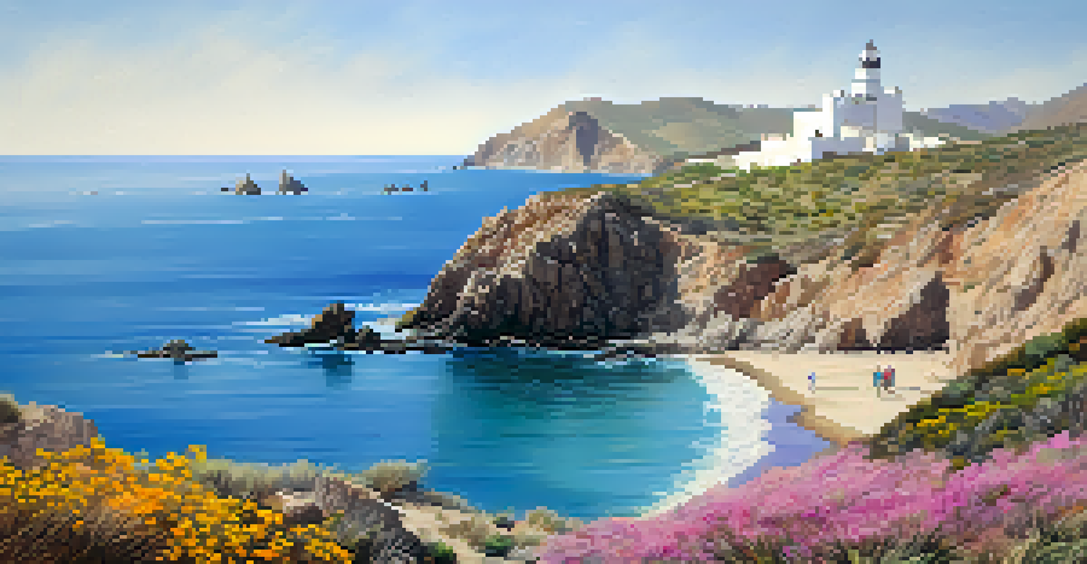 A coastal view of Cabo de Gata-Níjar Natural Park with cliffs, sandy beaches, and hikers on a trail beside the Mediterranean Sea.