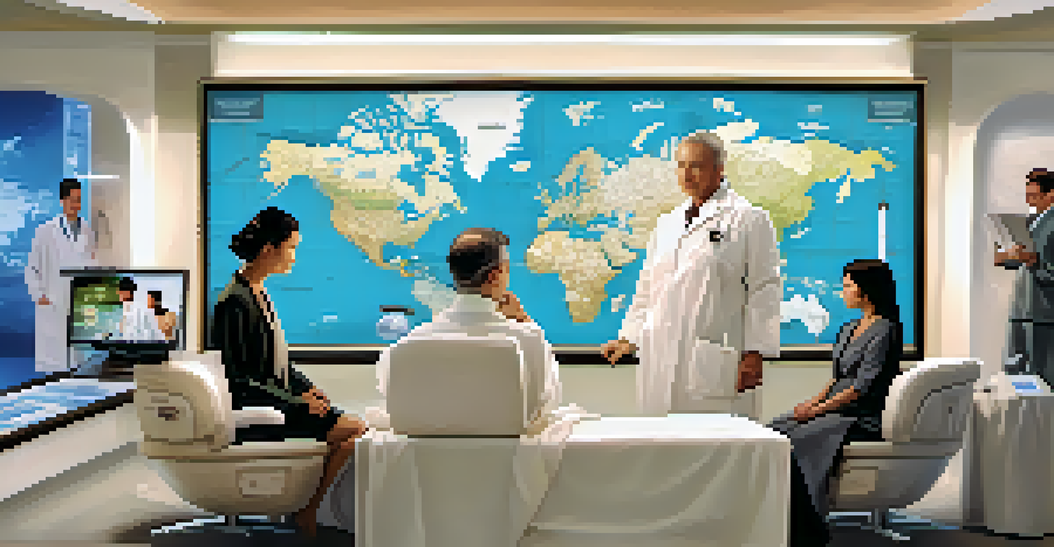 A collage showing different medical tourism procedures, including cosmetic surgery, dental care, and fertility treatments against a world map.