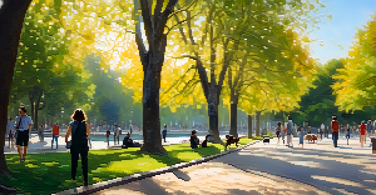 A dog playing fetch with its owner in Retiro Park, Madrid, surrounded by lush greenery and blooming flowers.