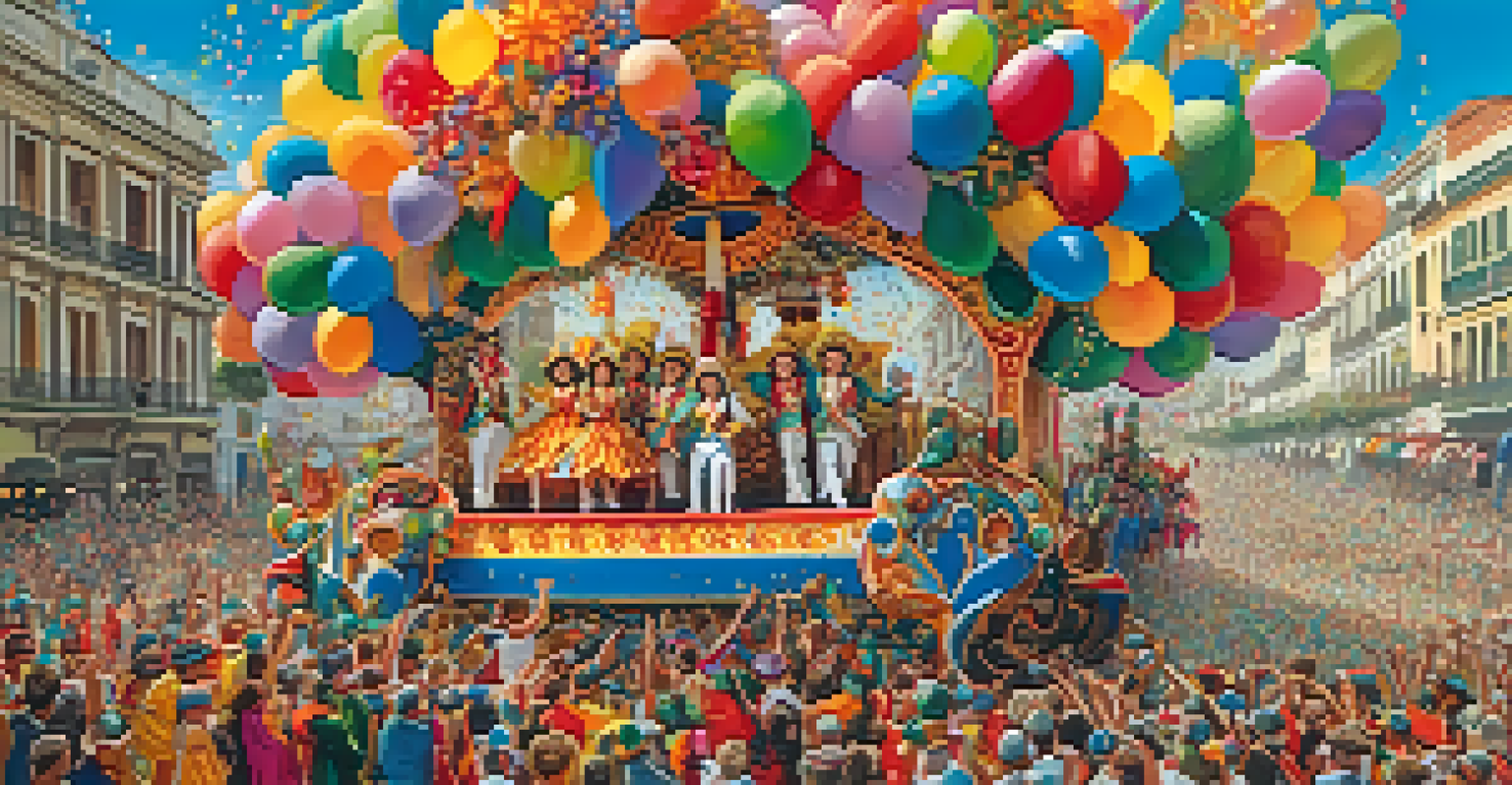 A colorful float in a parade during Cadiz Carnival, featuring performers in elaborate costumes and a cheering crowd.