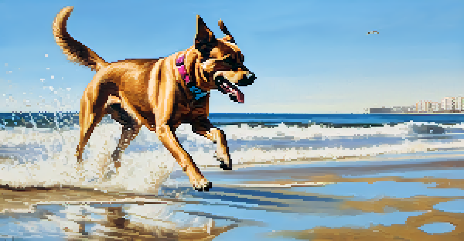 A happy dog running on the beach, splashing in the waves with sunbathers and beach bars in the background under a clear blue sky.