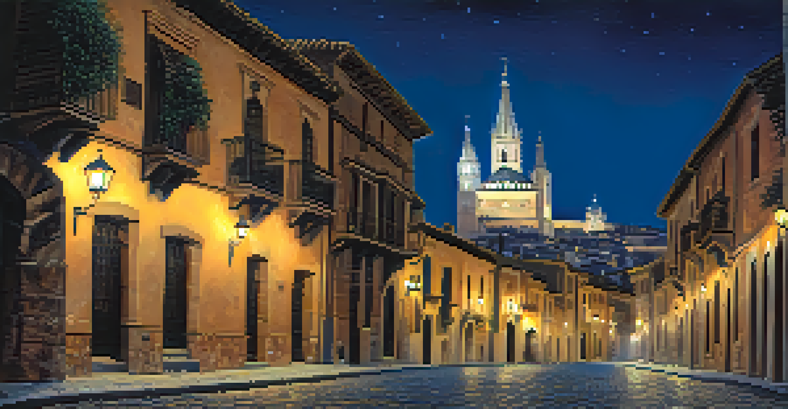 Nighttime view of Toledo, Spain, with the Alcázar and Cathedral illuminated against a dark sky.