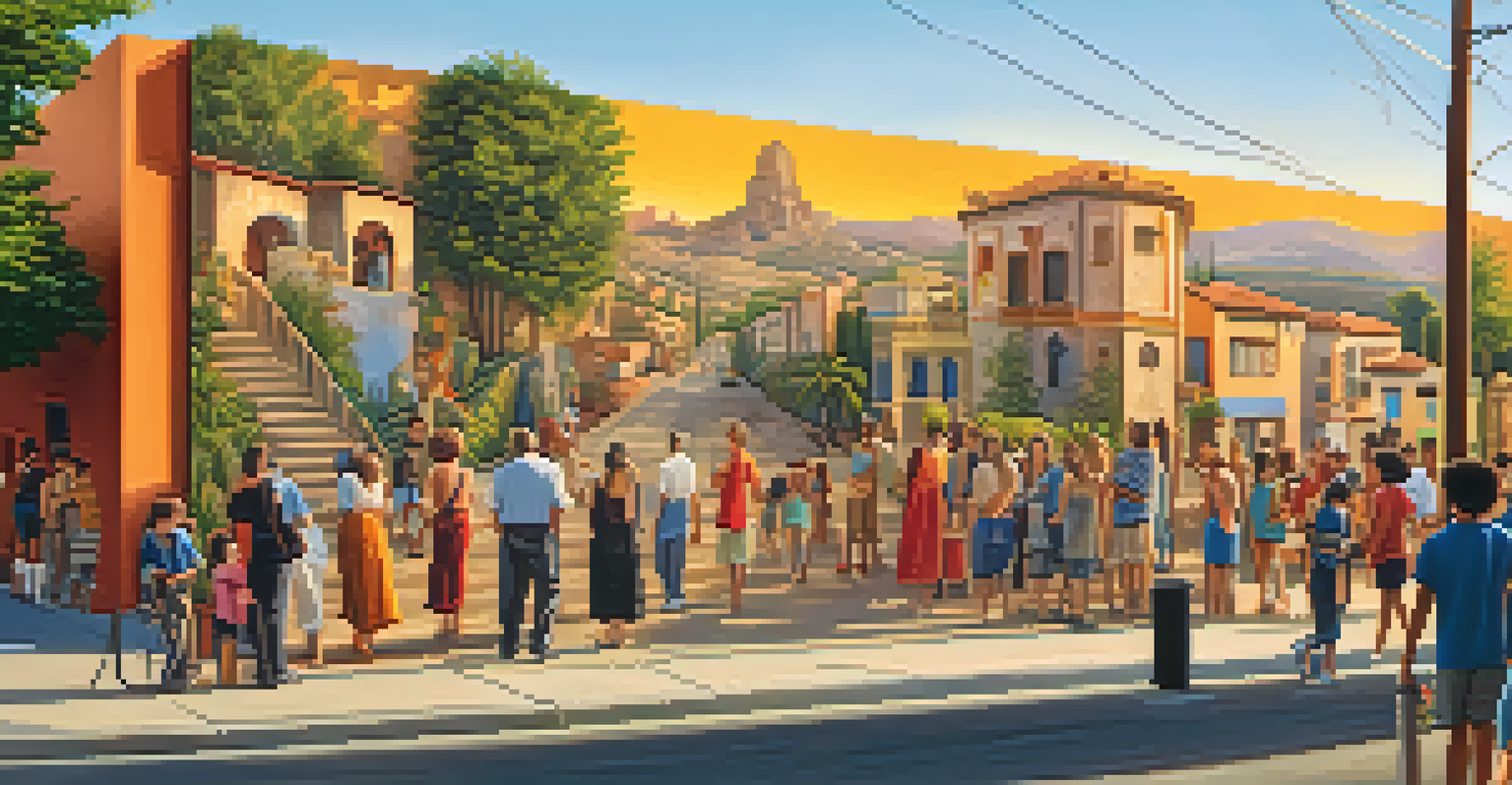A colorful mural in a Spanish neighborhood, depicting historical scenes, with people admiring the artwork in the golden hour light.