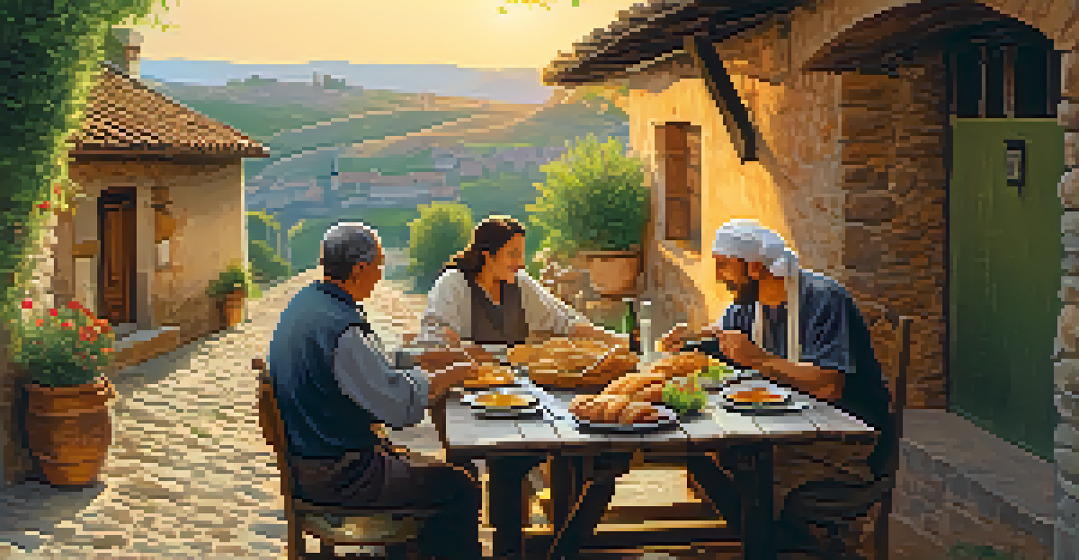 Two pilgrims sharing a meal at a rustic table with traditional Spanish food in a quaint village.