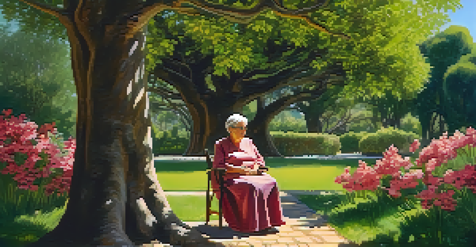 An elderly woman tells a legend to her captivated grandchildren in a sunny garden filled with flowers and trees.