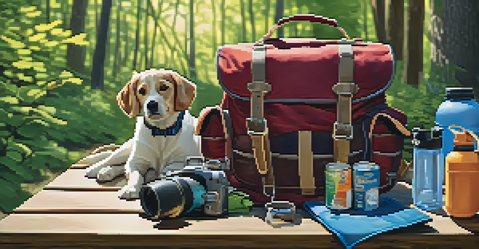A hiking setup with pet supplies on a picnic table in a sunny forest.