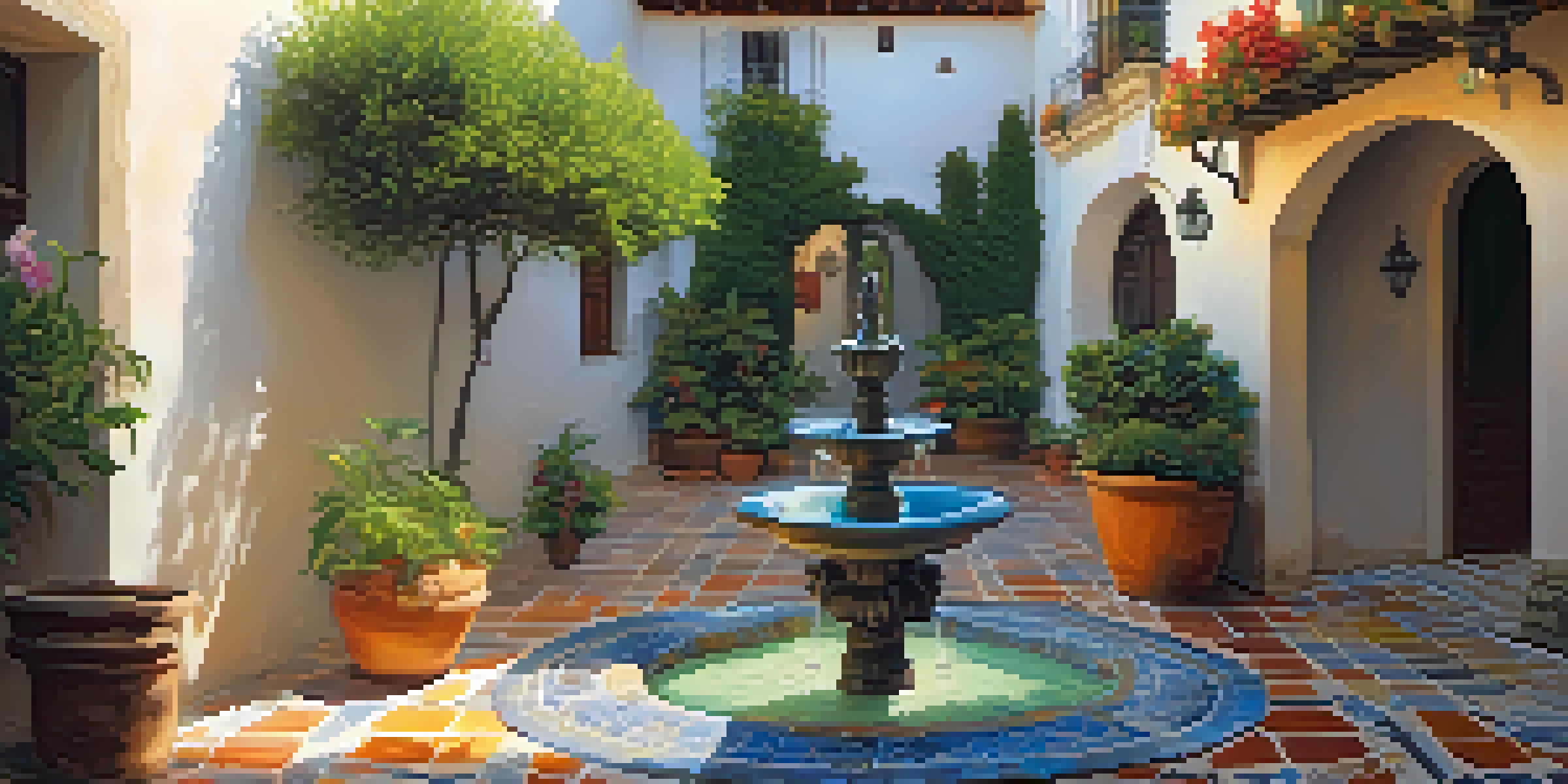 A traditional Spanish courtyard filled with colorful tiles and flowering plants, with sunlight casting shadows and a small fountain.