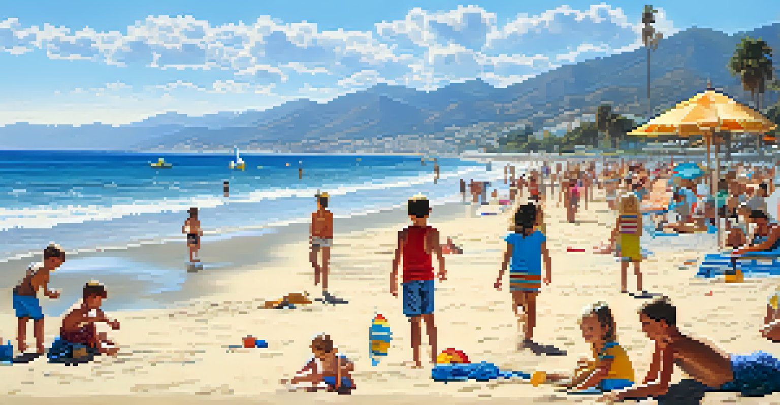 A family creating a sandcastle on Costa del Sol beach with colorful umbrellas and clear blue skies.