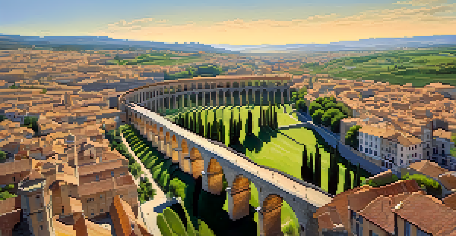 Aerial view of the Roman Aqueduct of Segovia, showcasing its arches against a backdrop of green fields and blue sky.