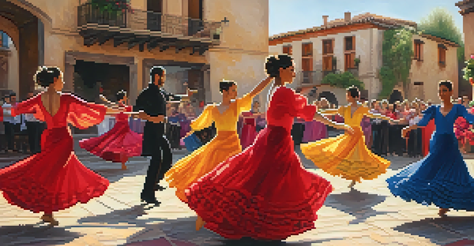 A flamenco dance performance in a historic Spanish plaza with dancers in colorful costumes, surrounded by flowers and stone buildings, illuminated by golden hour light.