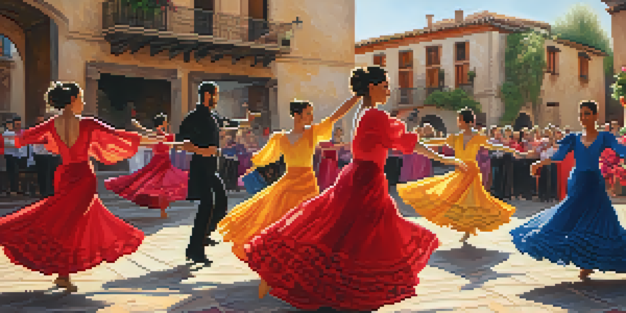 A flamenco dance performance in a historic Spanish plaza with dancers in colorful costumes, surrounded by flowers and stone buildings, illuminated by golden hour light.