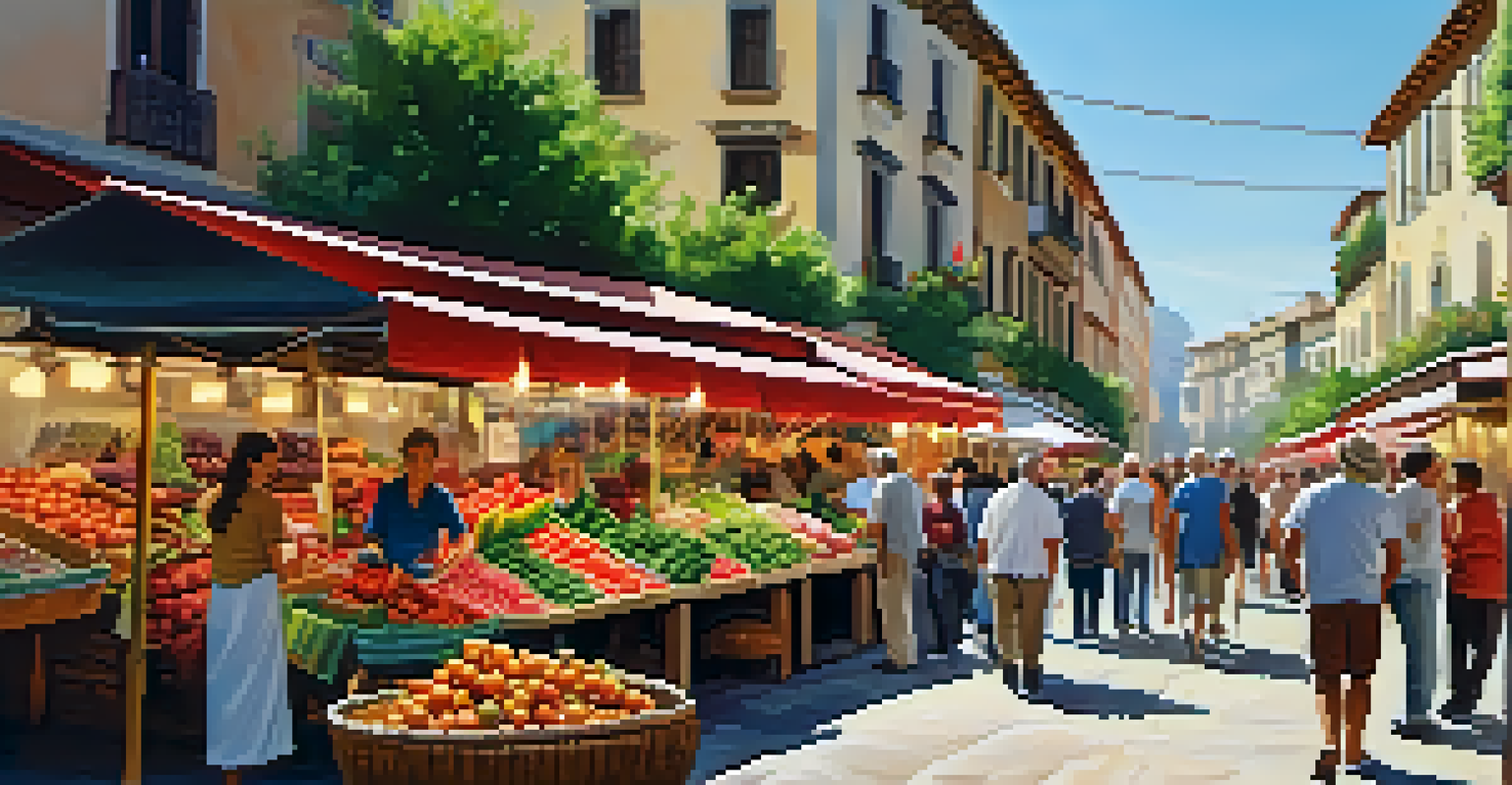 A lively Spanish market scene with stalls of fresh produce and handmade goods, showcasing local culture and community interactions.