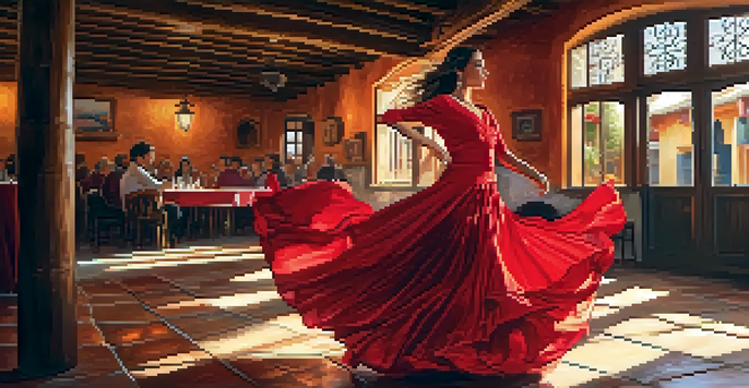 A flamenco dancer in a red dress performing in a Spanish tavern with warm lighting and traditional decor.
