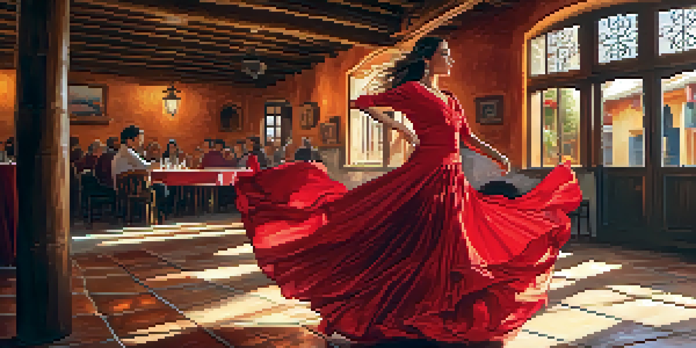 A flamenco dancer in a red dress performing in a Spanish tavern with warm lighting and traditional decor.