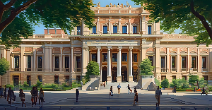 A beautifully lit exterior view of the Thyssen-Bornemisza Museum in Madrid, surrounded by greenery and visitors enjoying the atmosphere.