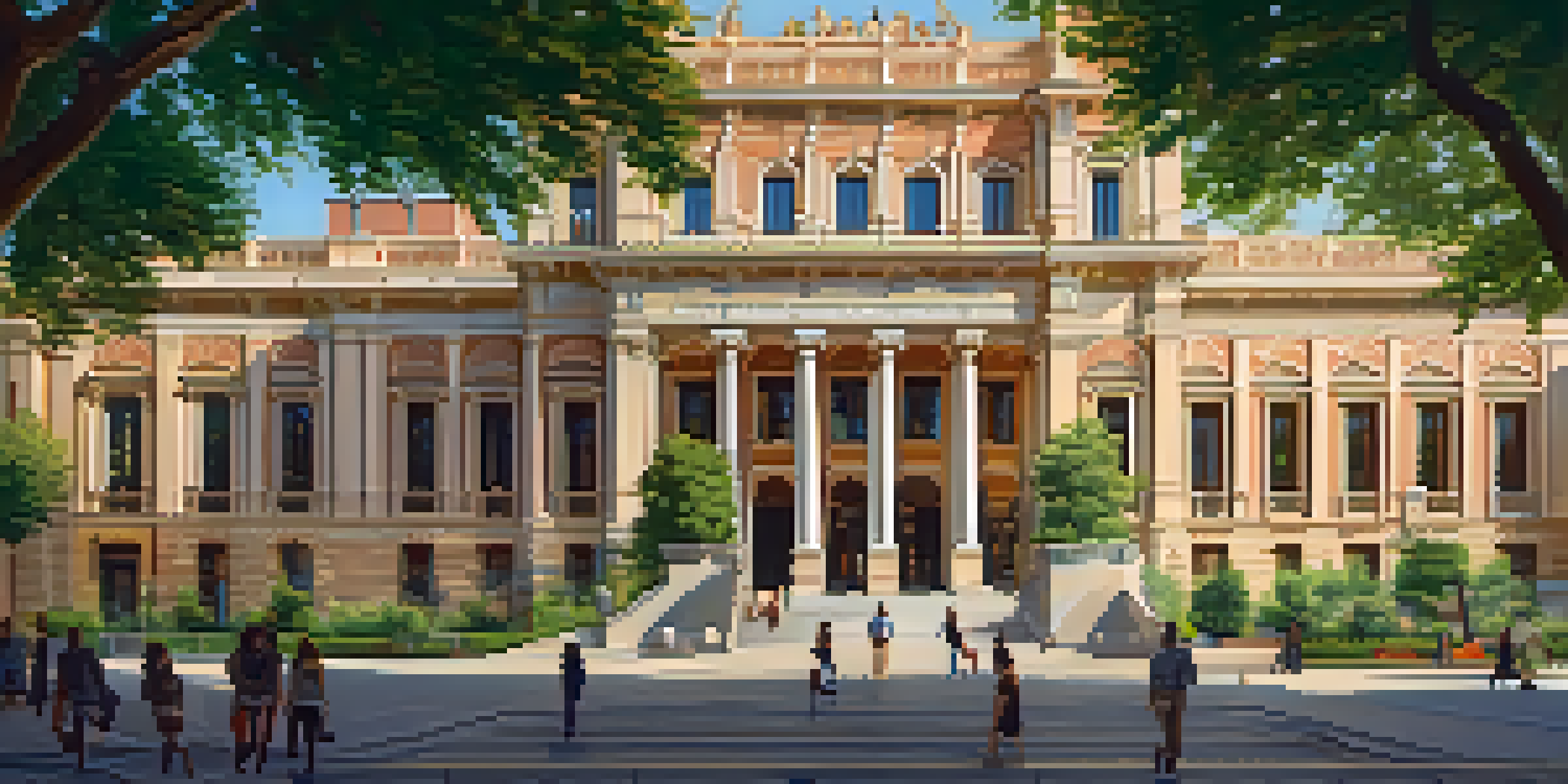 A beautifully lit exterior view of the Thyssen-Bornemisza Museum in Madrid, surrounded by greenery and visitors enjoying the atmosphere.