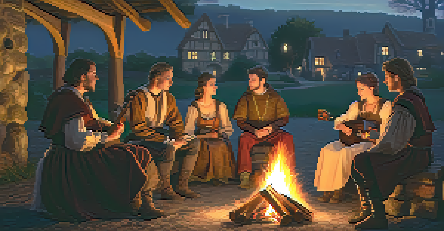Reenactors in medieval clothing storytelling around a fire in a village setting.