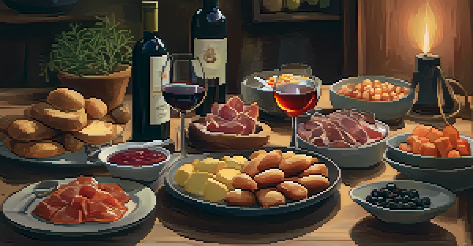 A rustic table set with a variety of tapas dishes and a glass of red wine, inviting and warm ambiance.