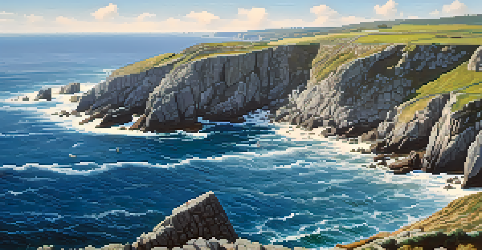 An aerial view of the coastal cliffs of Finisterre with pilgrims looking out at the ocean.
