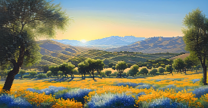 A beautiful landscape of olive groves and mountains in Andalusia during sunset.