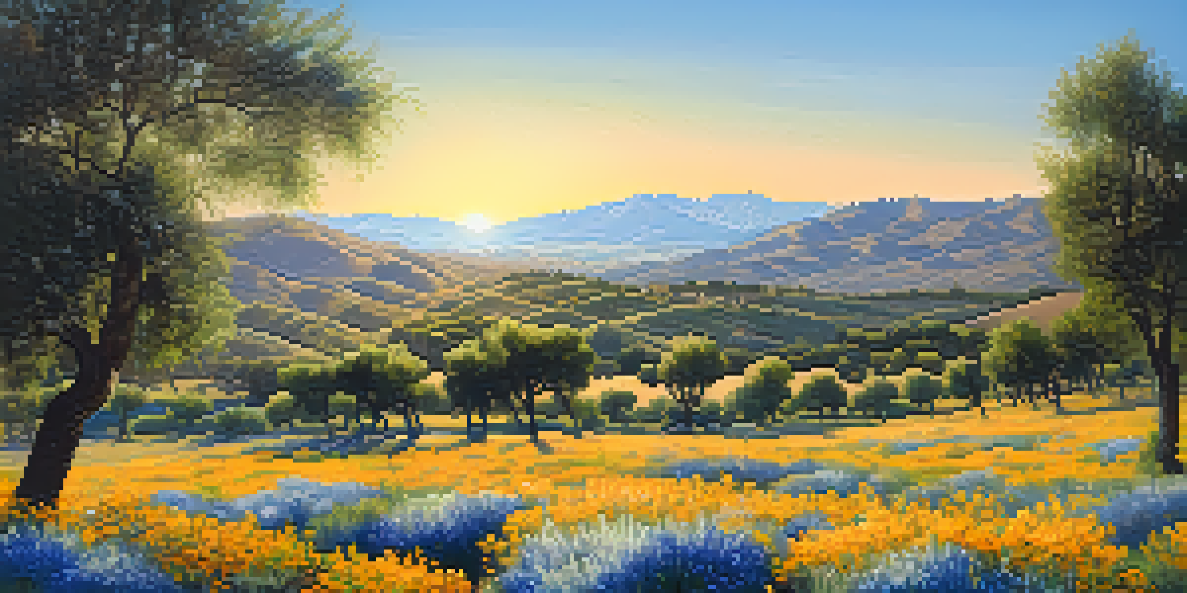 A beautiful landscape of olive groves and mountains in Andalusia during sunset.