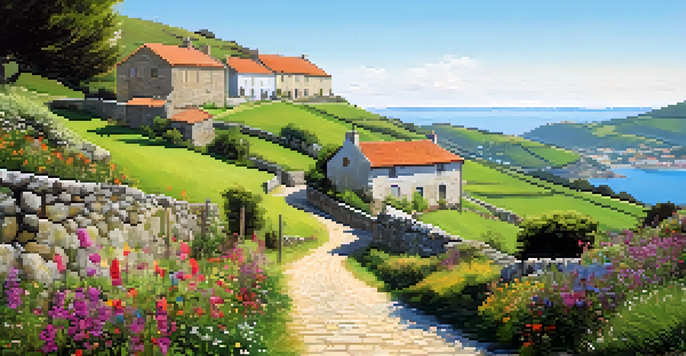 A picturesque view of the green hills of Galicia with a charming village and a clear sky.