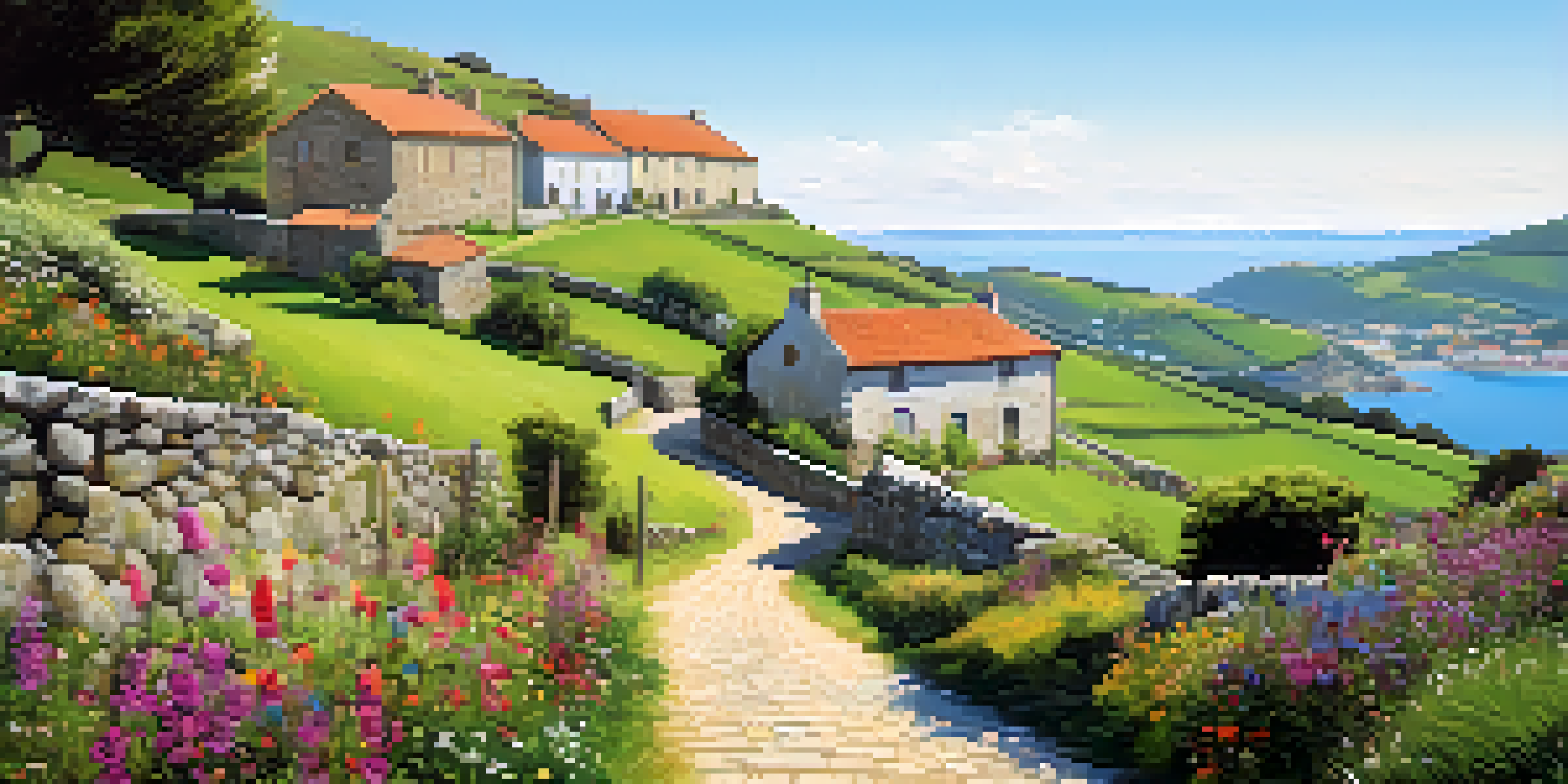 A picturesque view of the green hills of Galicia with a charming village and a clear sky.